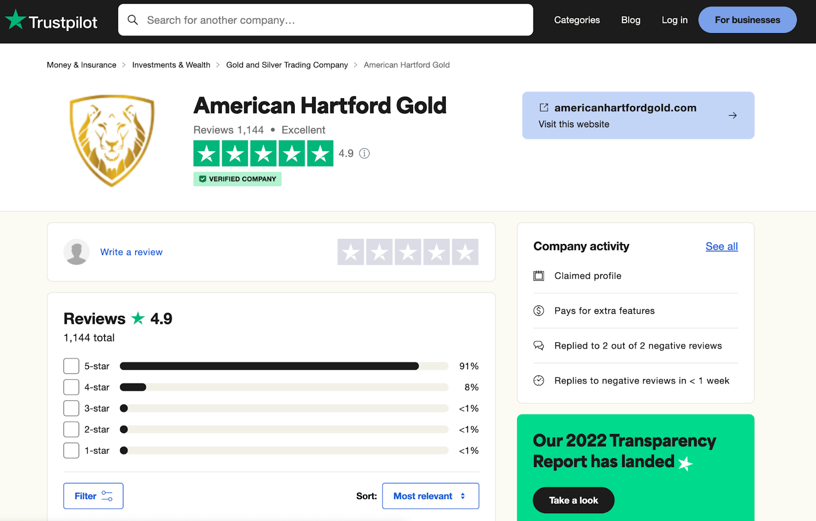 american hartford gold trust pilot screenshot